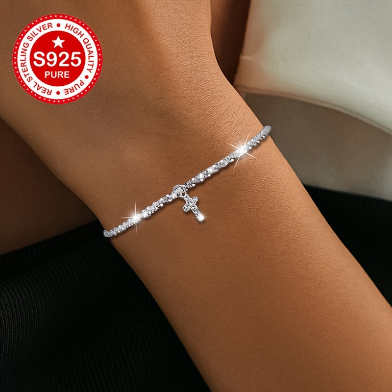 S925 Silver Broccoli Bracelet with Cross Pendant